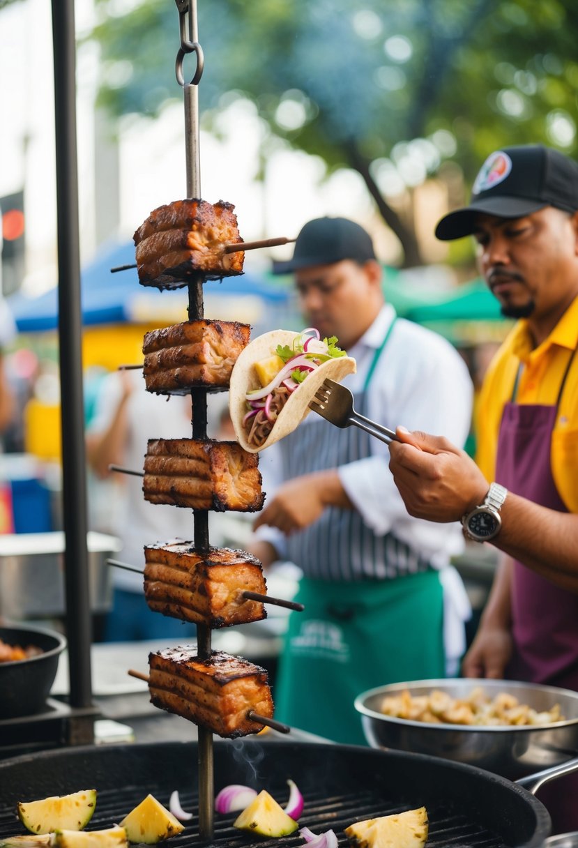 A street vendor grills marinated pork on a vertical spit, slicing it into tacos with pineapple and onion