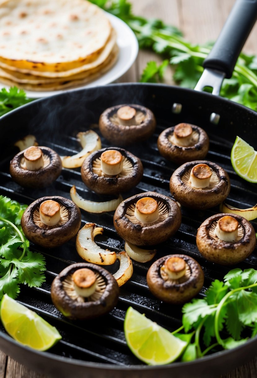 Sizzling mushrooms and onions on a grill, surrounded by fresh cilantro, lime wedges, and warm tortillas