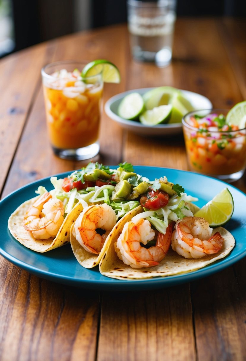 A wooden table with a plate of Baja-style shrimp tacos, topped with fresh cabbage, salsa, and a wedge of lime