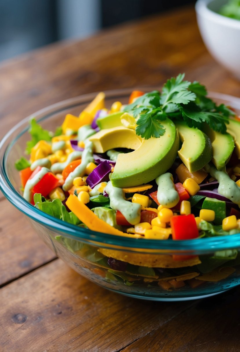 A colorful taco salad with vibrant vegetables and a creamy avocado dressing, served in a glass bowl on a wooden table