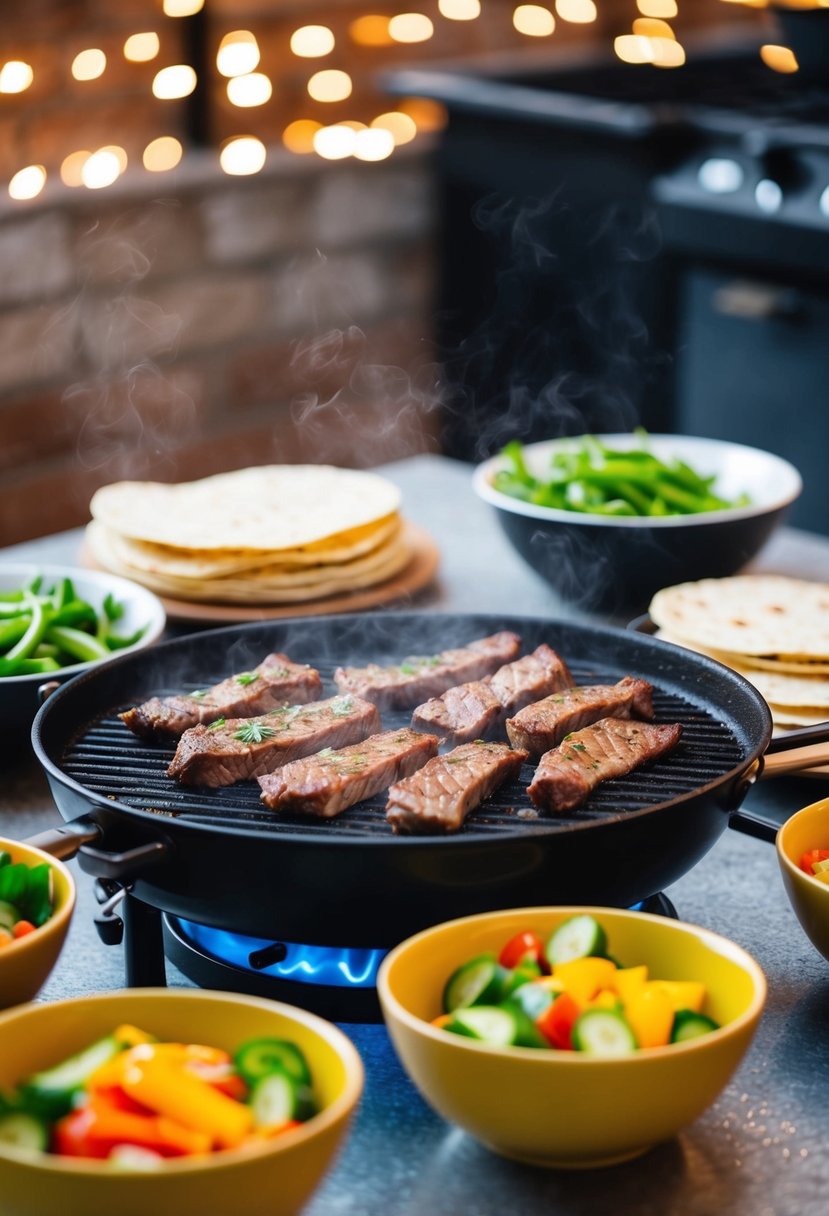 A sizzling grill cooks marinated beef strips, surrounded by bowls of fresh vegetables and warm tortillas