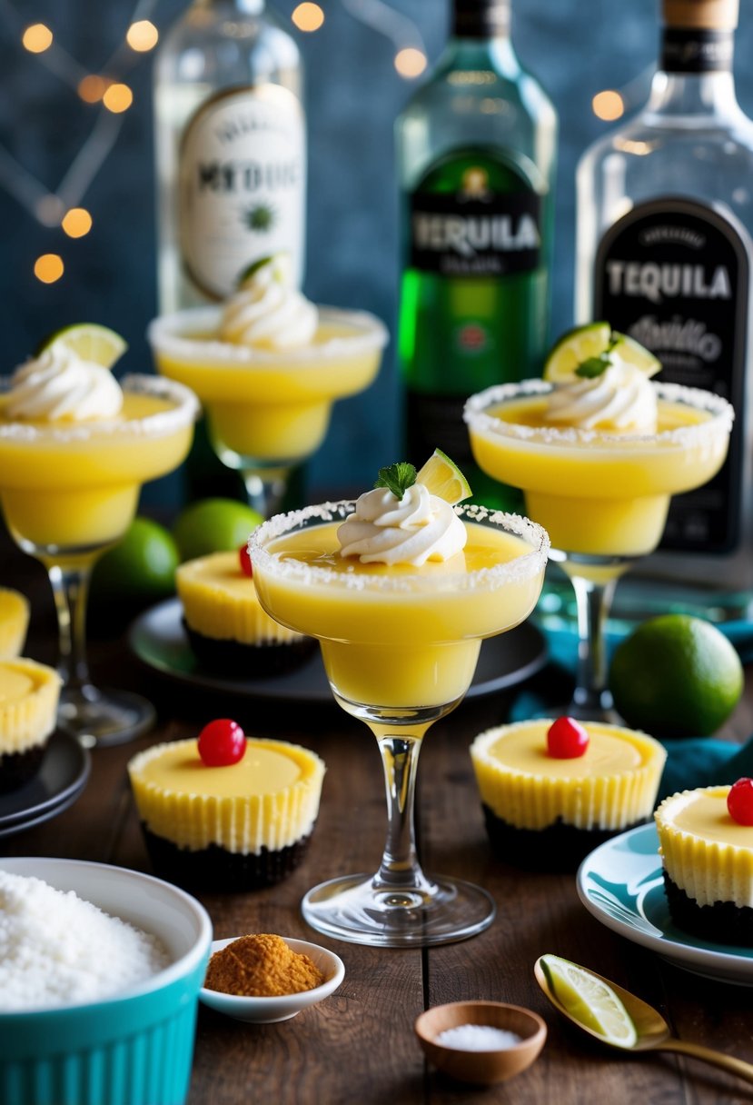 A festive table setting with mini margarita cheesecakes, tequila bottles, and dessert ingredients