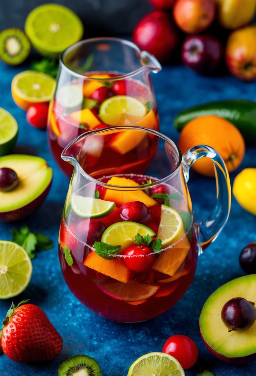 A colorful pitcher of tequila sangria surrounded by fresh fruits and a rainbow of ingredients, ready to be mixed and served