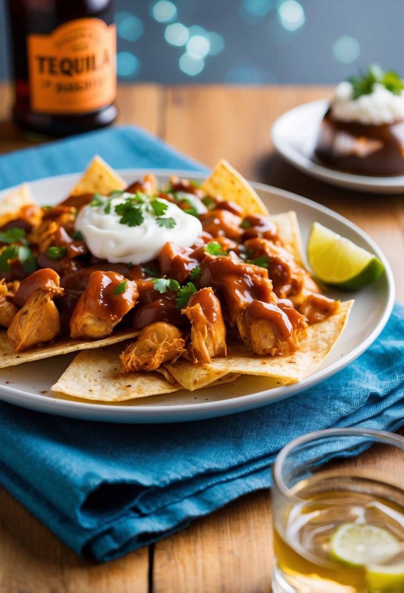 A sizzling plate of Tequila Barbecue Chicken Nachos with a side of tequila-infused dessert