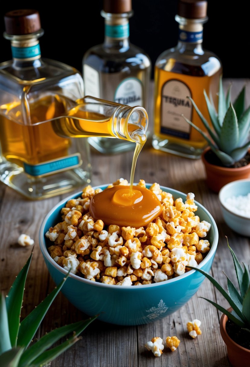 A bowl of caramel corn with tequila poured over it, surrounded by tequila bottles and agave plants