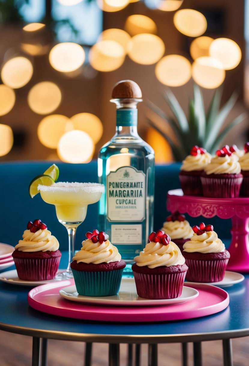 A table set with pomegranate margarita cupcakes, tequila bottle, and dessert recipes