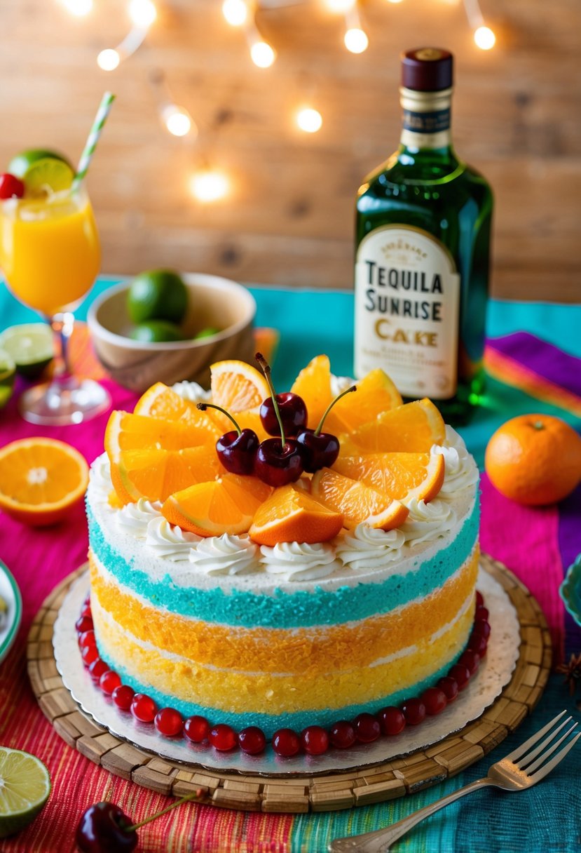 A vibrant Tequila Sunrise Cake sits on a festive table, adorned with slices of orange and cherry, with a tequila bottle nearby