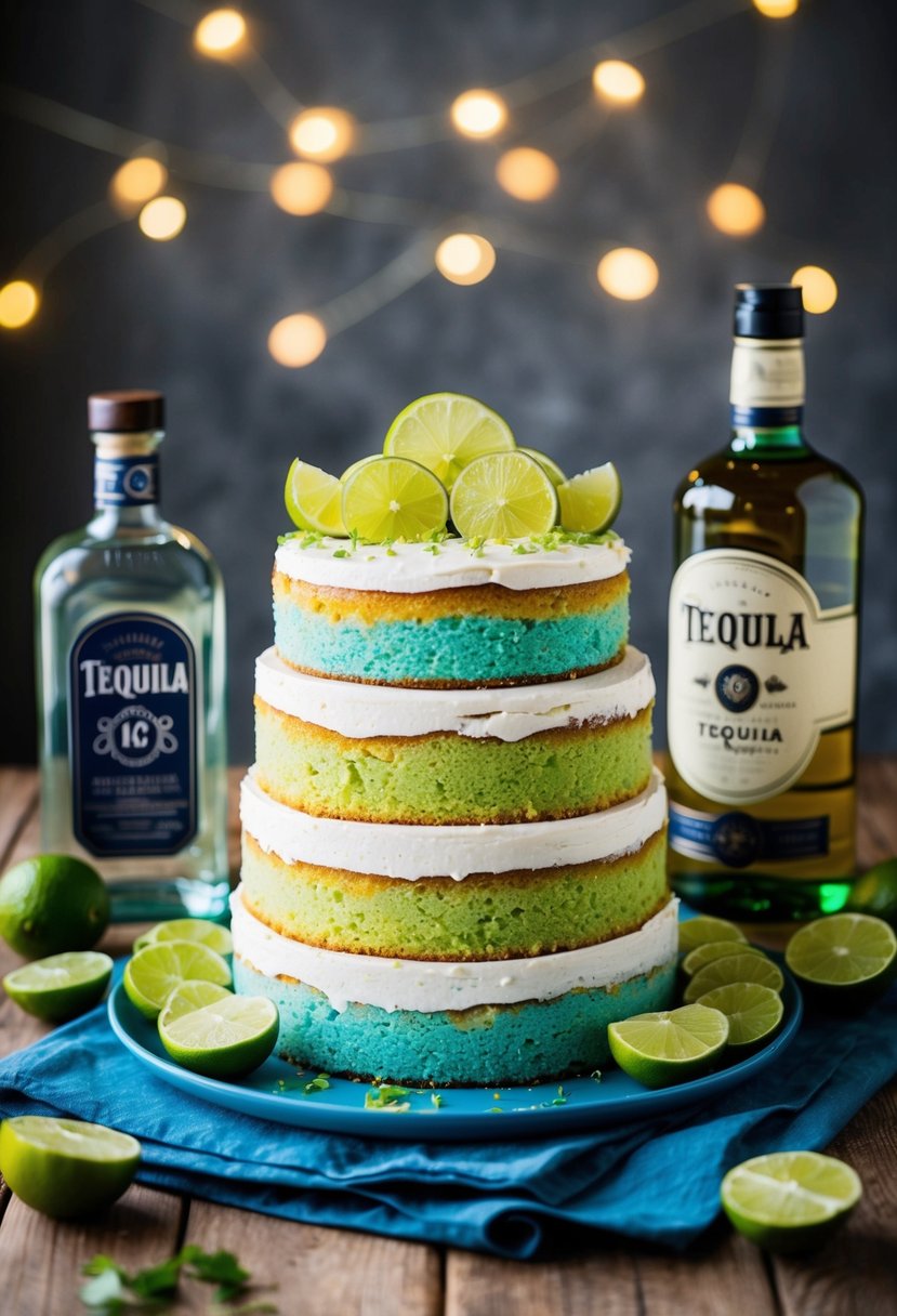 A colorful array of tequila-infused cake layers, surrounded by fresh lime slices and a bottle of tequila