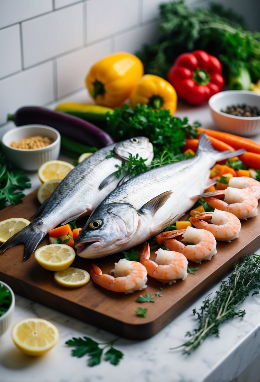 A white fish and shrimp are arranged on a cutting board surrounded by fresh herbs and colorful vegetables