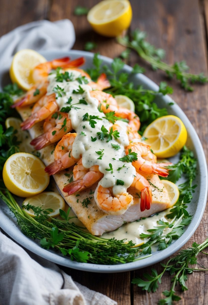 A platter of baked fish and shrimp topped with creamy white sauce, surrounded by fresh herbs and lemon slices on a rustic wooden table