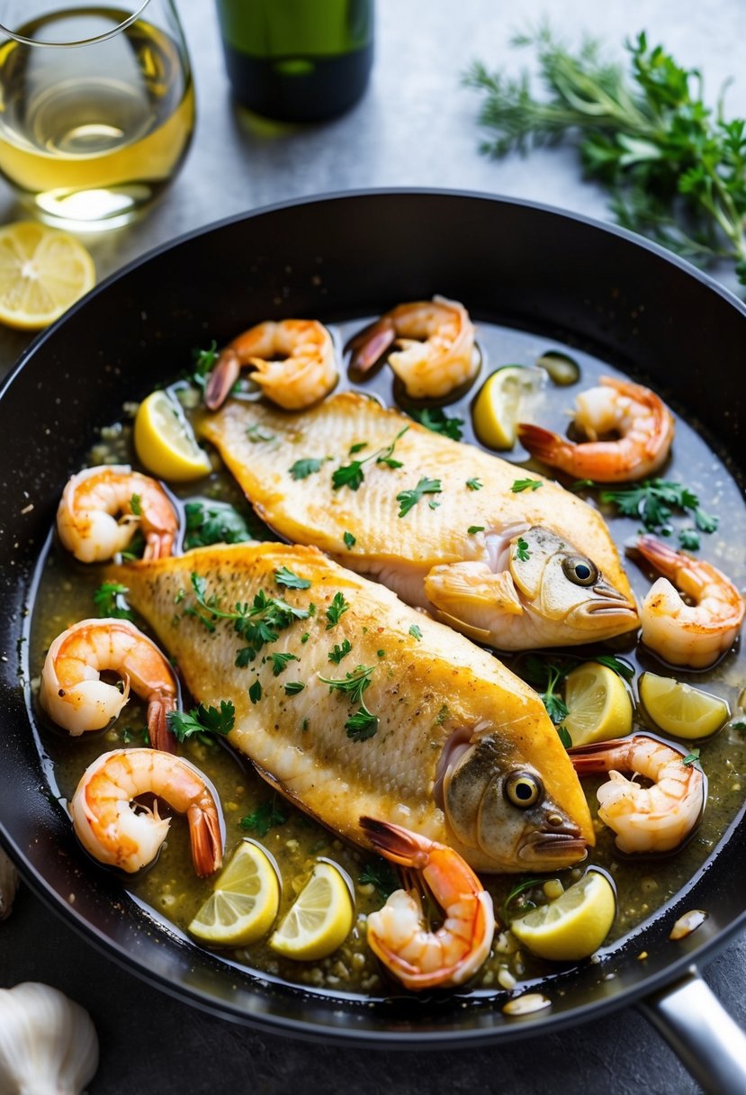 A skillet sizzling with tilapia and shrimp, surrounded by white wine, garlic, and herbs