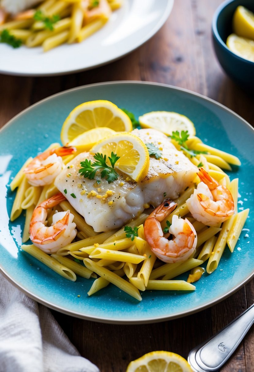 A plate of zesty lemon mustard cod and shrimp over pasta, with white fish and shrimp recipes