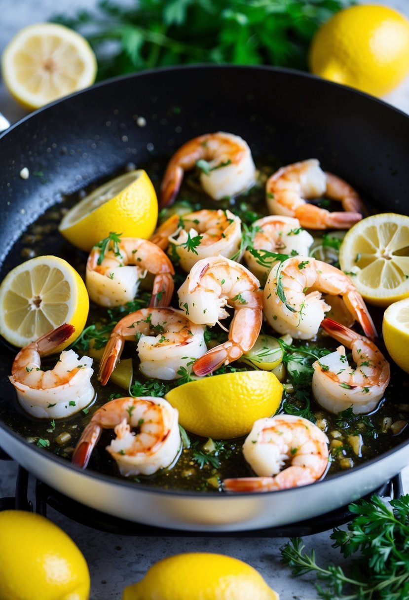 A sizzling skillet of shrimp and white fish cooked in Italian seasoning, surrounded by fresh herbs and lemons