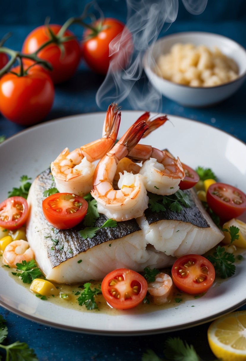 A plate of Alaskan Cod topped with shrimp and fresh tomatoes, surrounded by vibrant ingredients and a hint of steam rising