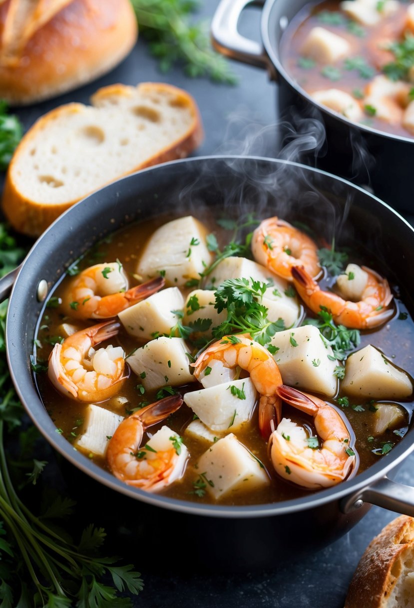 A steaming pot of cioppino stew filled with hearty chunks of white fish and plump shrimp, surrounded by fresh herbs and crusty bread