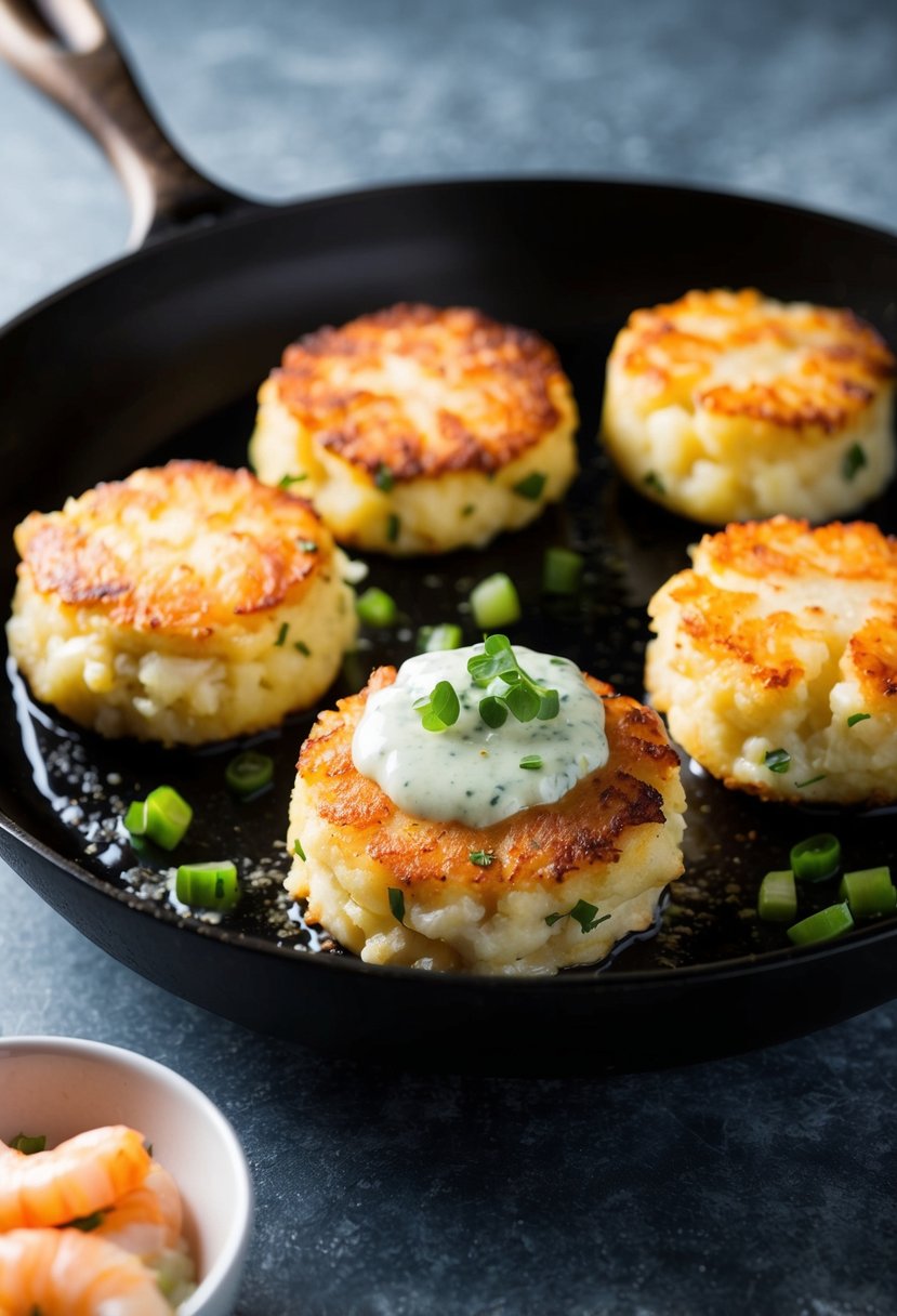 A sizzling skillet with golden-brown whitefish and shrimp cakes, accompanied by a dollop of tangy tartar sauce on the side