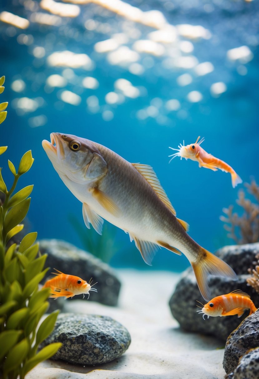 A serene underwater scene with a simple whitefish swimming alongside shrimp, surrounded by aquatic plants and rocks