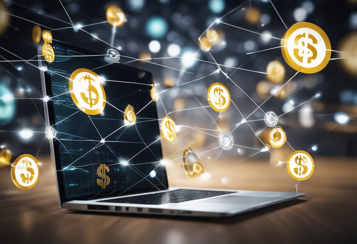 Um laptop exibindo vários links de produtos com uma rede de setas conectando a um sinal de dólar