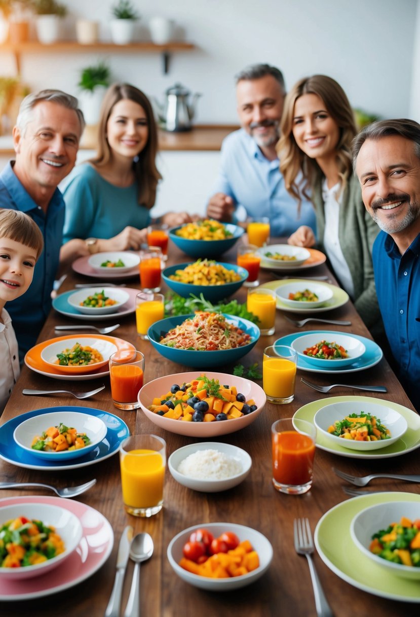 A table set with colorful, nutritious dishes surrounded by a happy family