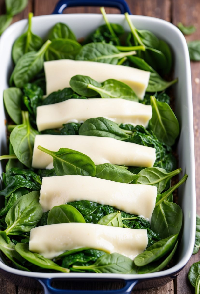 A colorful array of fresh spinach leaves and creamy mozzarella cheese layered in a casserole dish, ready to be baked to perfection