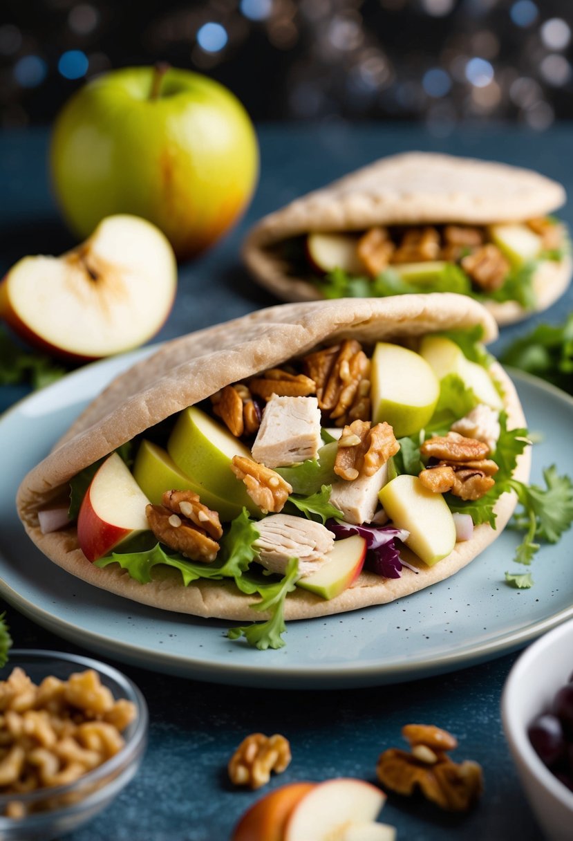 A colorful pita filled with diced chicken, sliced apples, and walnuts, surrounded by fresh salad ingredients