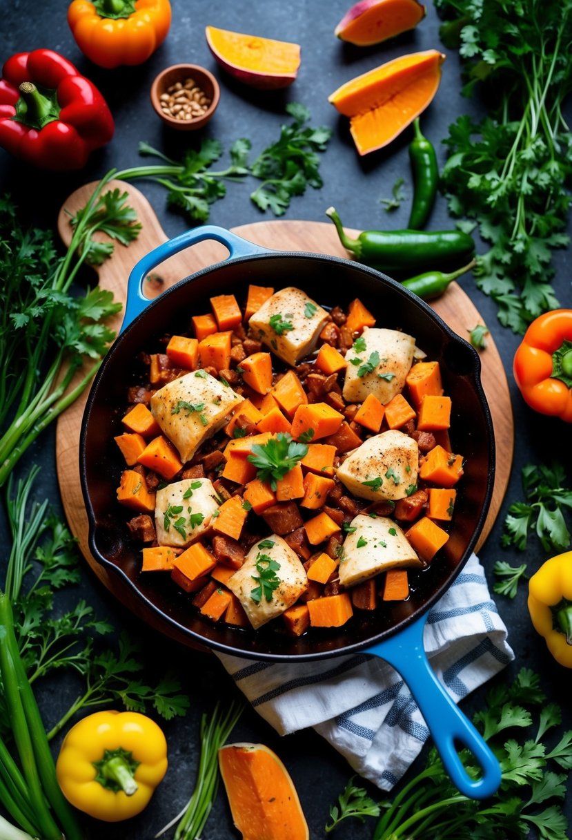 A colorful skillet filled with diced sweet potatoes, chicken, and chipotle peppers, surrounded by fresh vegetables and herbs