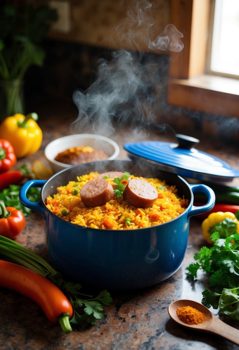 A steaming pot of Cajun rice and sausage surrounded by colorful vegetables and spices on a rustic kitchen countertop