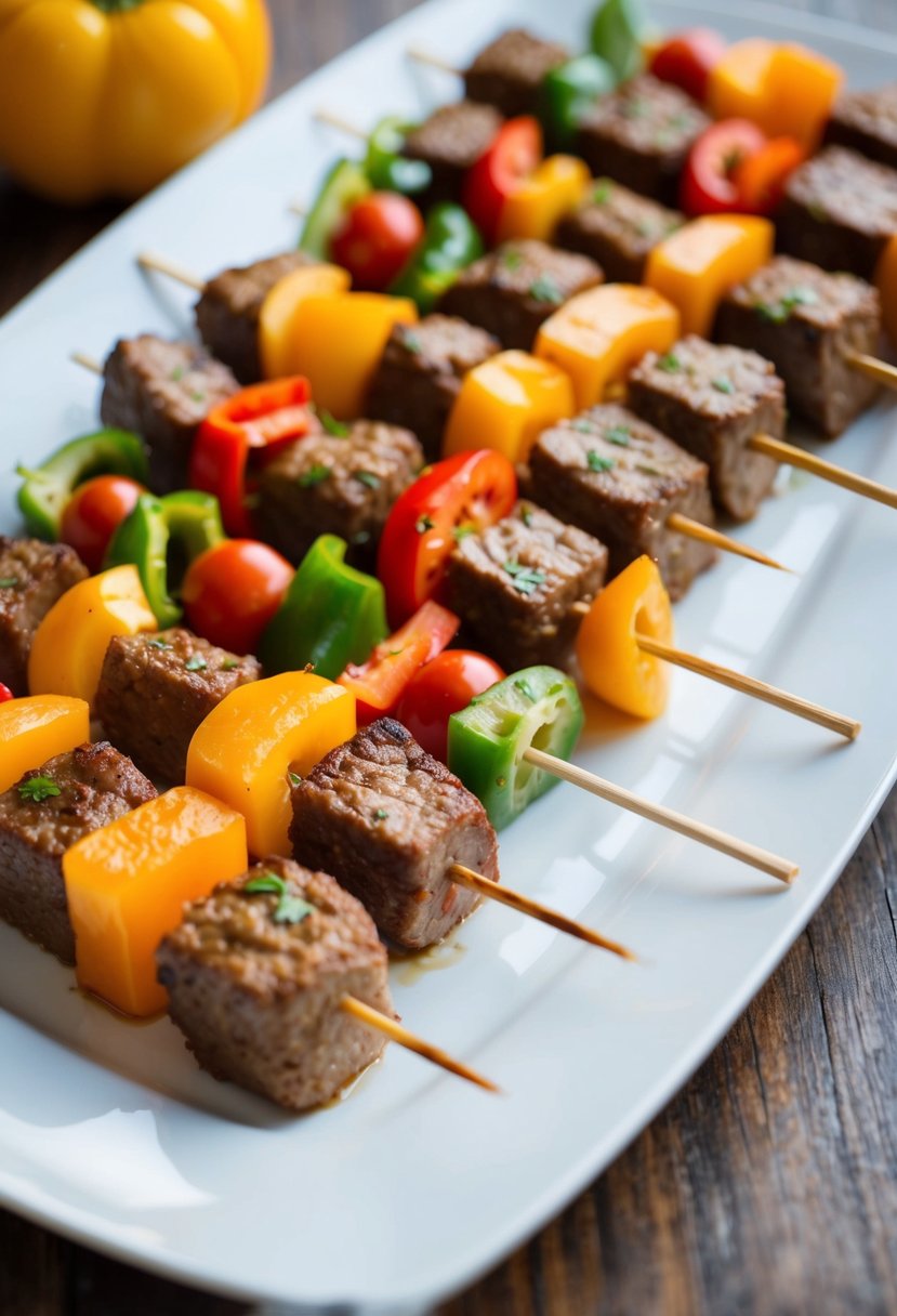 A colorful array of beef and pepper mushroom skewers, arranged on a clean, white plate, ready to be served to a family