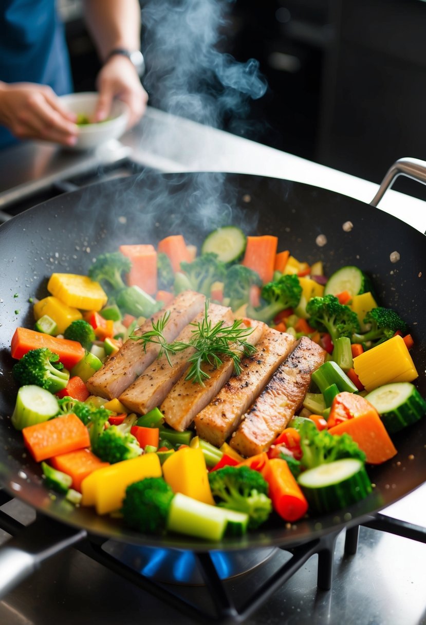 A colorful array of fresh vegetables and lean protein sizzling in a wok, emitting savory aromas