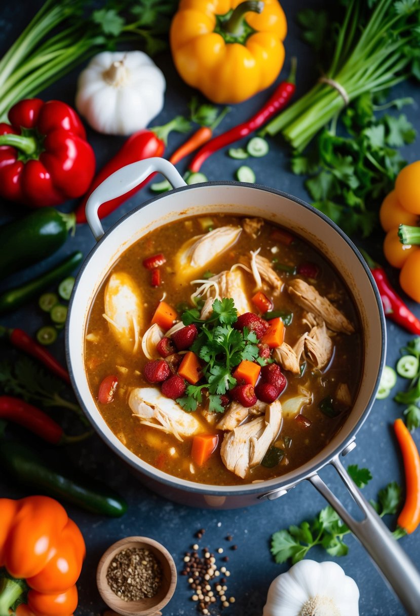 A pot simmering with white chicken chili surrounded by colorful vegetables and spices