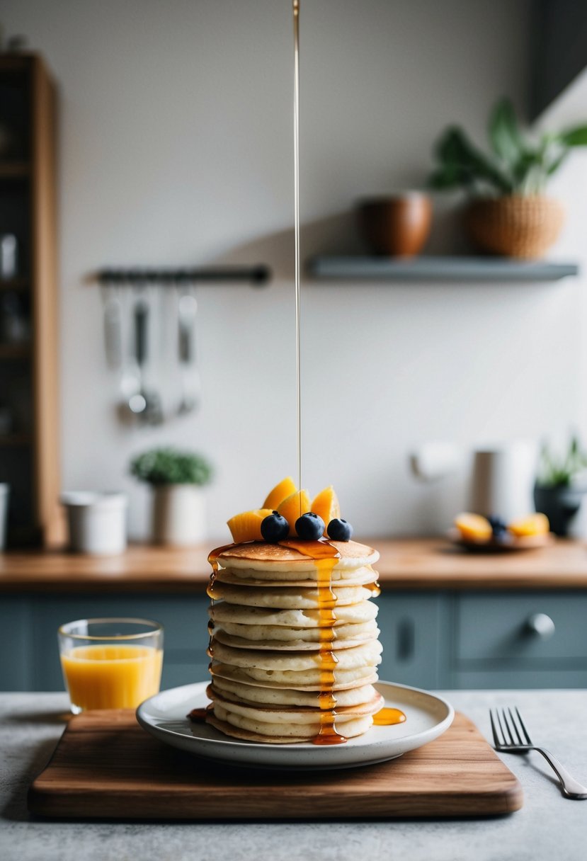 A rustic kitchen counter with a stack of cottage cheese pancakes, topped with fresh fruit and a drizzle of syrup, surrounded by a cozy family breakfast setting