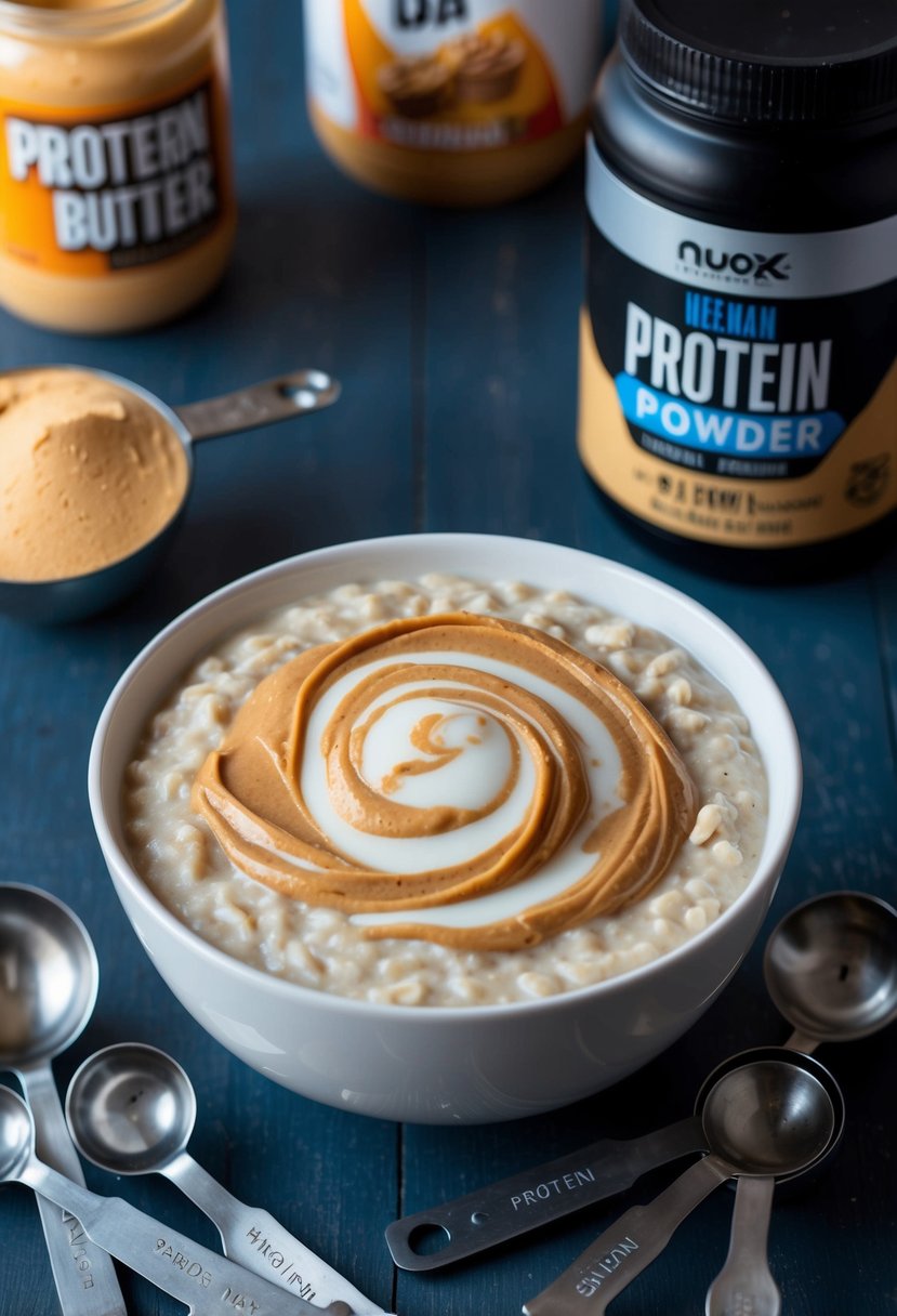 A bowl of oatmeal topped with swirls of peanut butter, surrounded by measuring spoons and a jar of protein powder