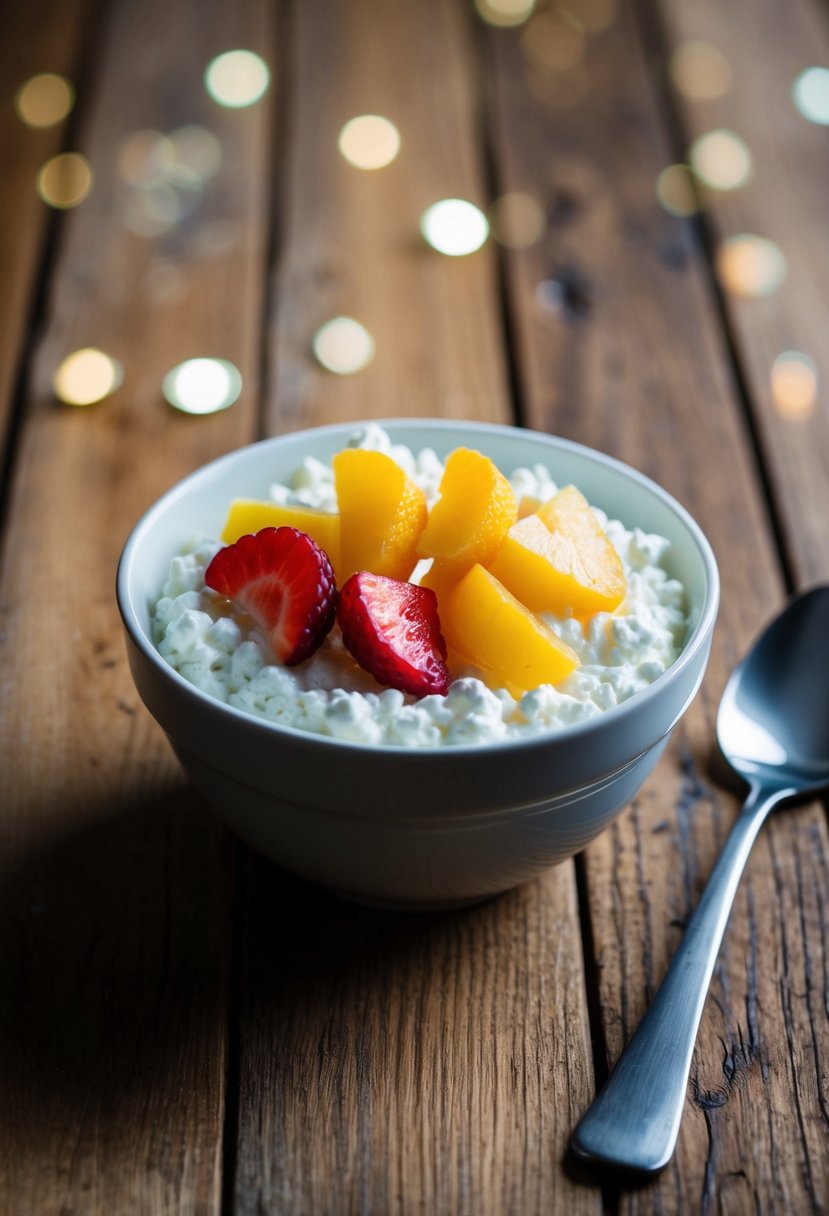 A bowl of cottage cheese topped with colorful fruit slices on a wooden table