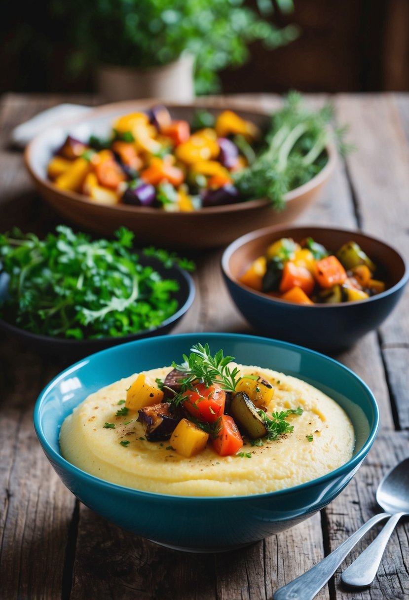 A bowl of creamy polenta topped with colorful roasted vegetables and fresh herbs on a rustic wooden table