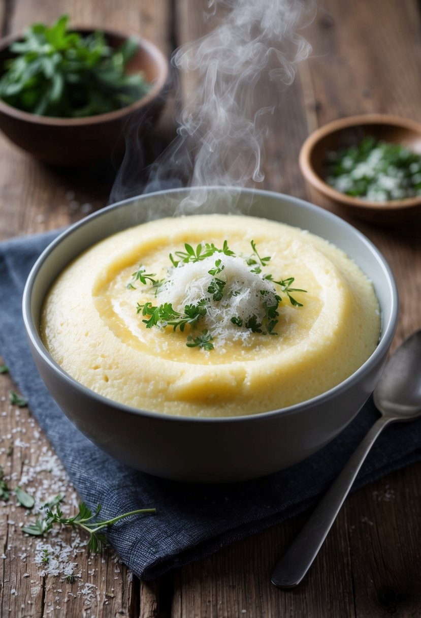 A steaming bowl of creamy polenta topped with freshly grated Parmigiano-Reggiano, set on a rustic wooden table with a scattering of fresh herbs