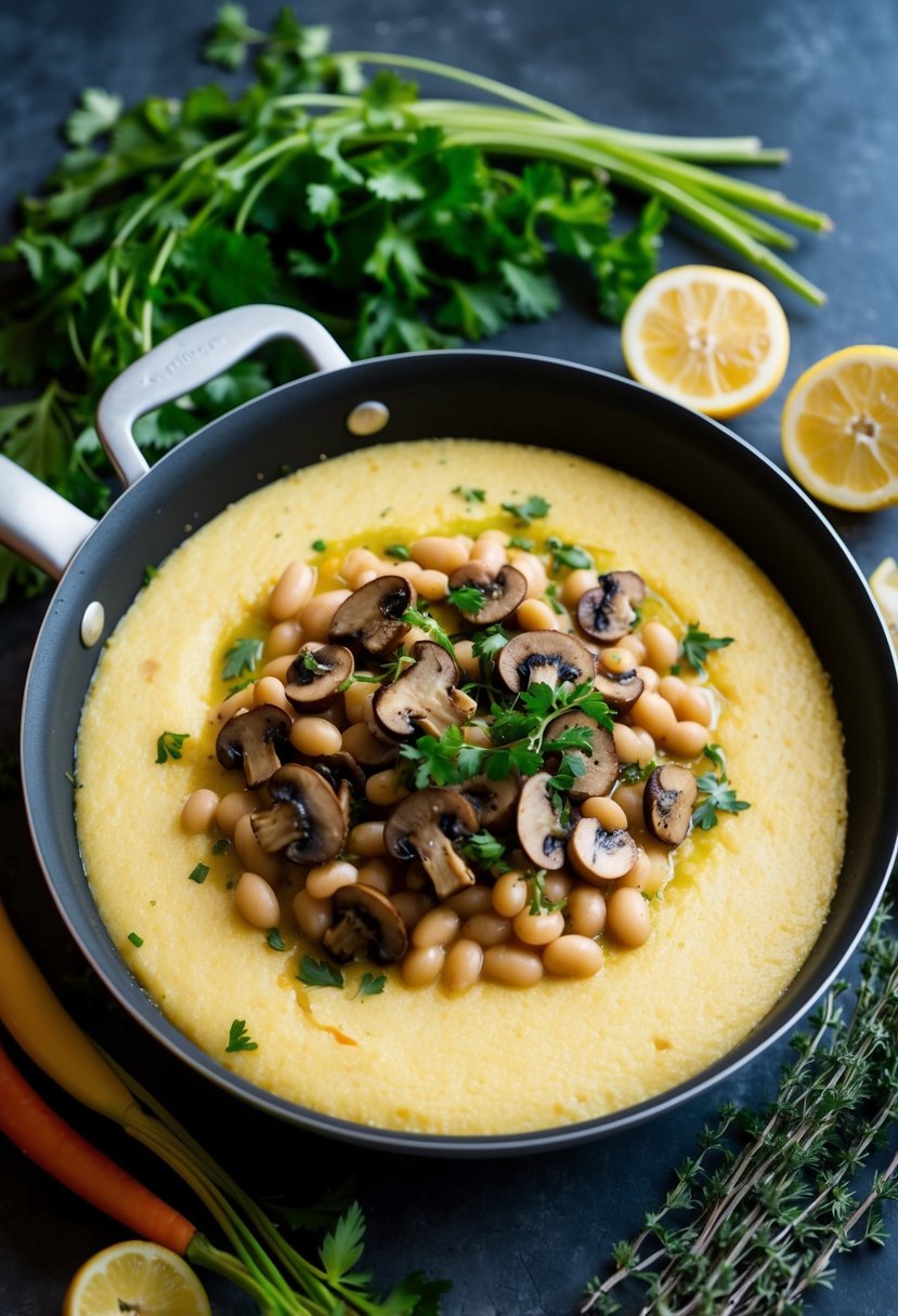 A pan of creamy polenta topped with sautéed mushrooms and beans, surrounded by fresh herbs and colorful vegetables