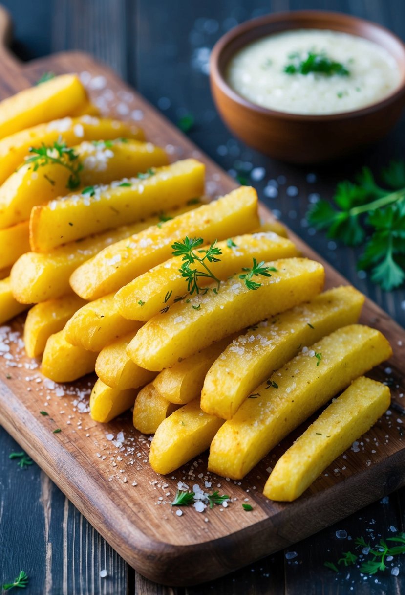 Golden polenta fries arranged on a rustic wooden board, sprinkled with sea salt and herbs, with a side of dipping sauce