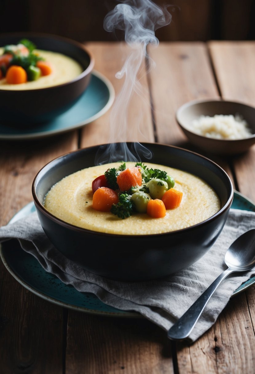 A rustic wooden table set with a steaming bowl of creamy Parmesan polenta topped with vibrant seasonal vegetables