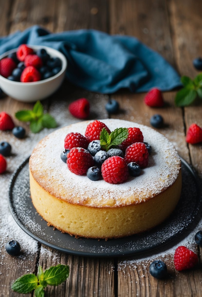 A rustic wooden table with a polenta cake topped with fresh berries and a dusting of powdered sugar, surrounded by scattered berries and a sprig of mint