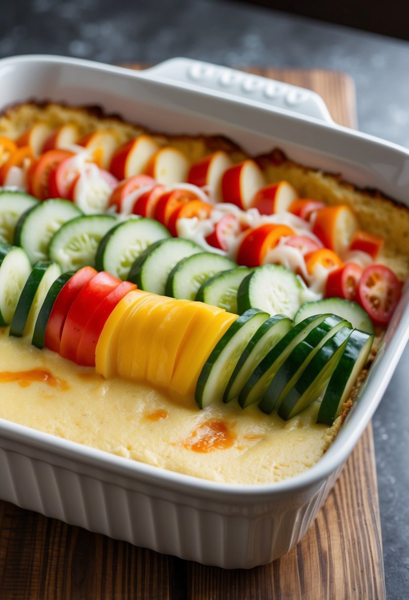 A colorful array of sliced vegetables layered between creamy polenta, topped with melted cheese in a baking dish