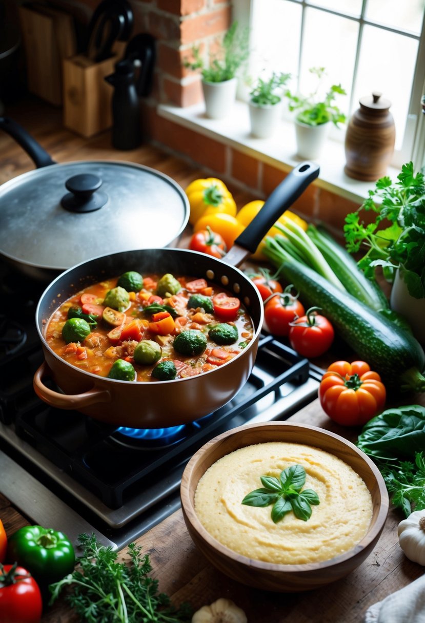 A rustic kitchen with a pot of ratatouille simmering on the stove next to a creamy polenta in a wooden bowl, surrounded by fresh vegetables and herbs