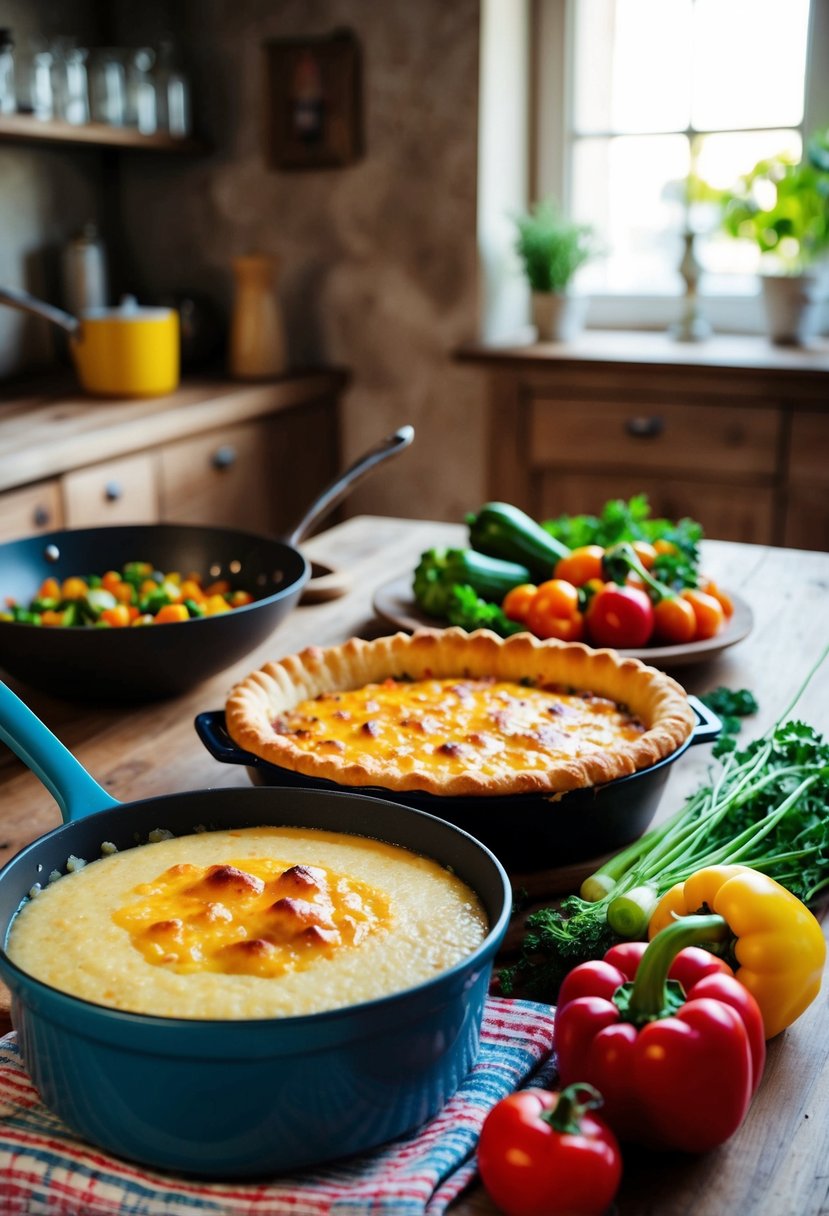 A rustic kitchen scene with a bubbling pot of polenta, colorful vegetables, and a golden-brown shepherd's pie fresh from the oven