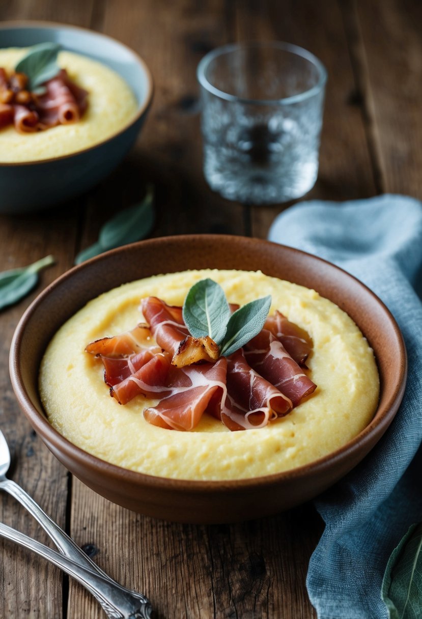 A rustic wooden table set with a bowl of creamy polenta topped with crispy prosciutto and fresh sage leaves