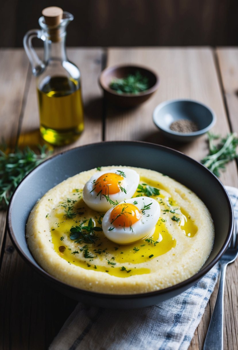 A wooden table set with a bowl of creamy polenta topped with two perfectly poached eggs, drizzled with olive oil and sprinkled with fresh herbs