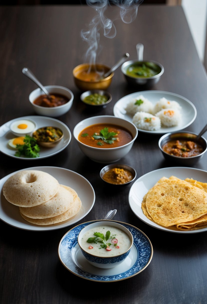 A table set with traditional Indian breakfast items like idli, dosa, and upma, accompanied by chutneys and sambar, with a steaming cup of rava upma