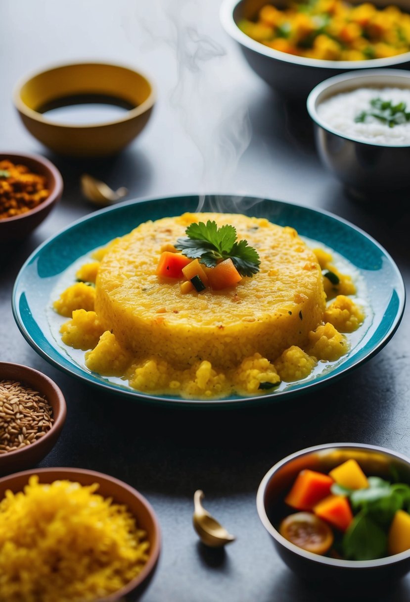 A steaming plate of Rava Upma with colorful Indian breakfast ingredients