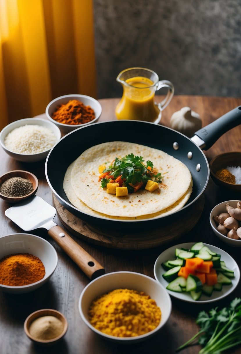 A table set with ingredients for making Rava Dosa, including rava, spices, and vegetables, with a pan and spatula ready for cooking