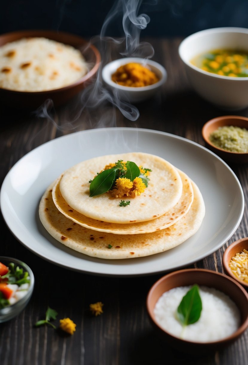 A steaming plate of Sooji Uttapam being served with traditional Indian breakfast ingredients