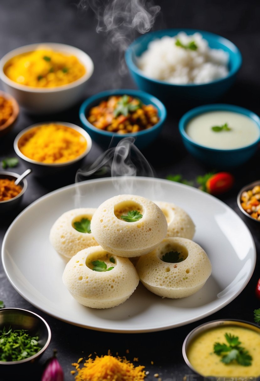 A steaming plate of Rava Idli surrounded by colorful Indian breakfast ingredients