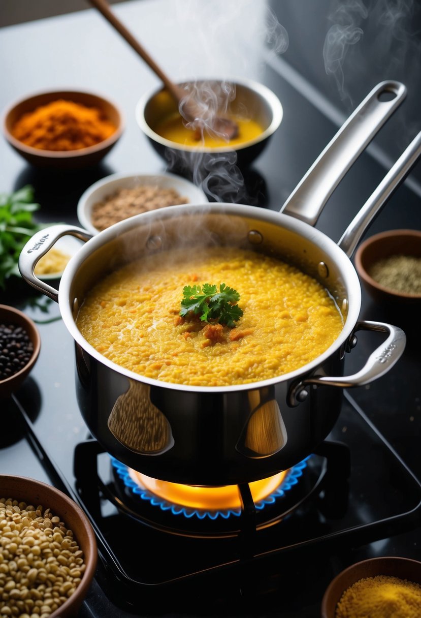 A steaming pot of Rava Pongal cooking on a stove, surrounded by ingredients like lentils, spices, and ghee